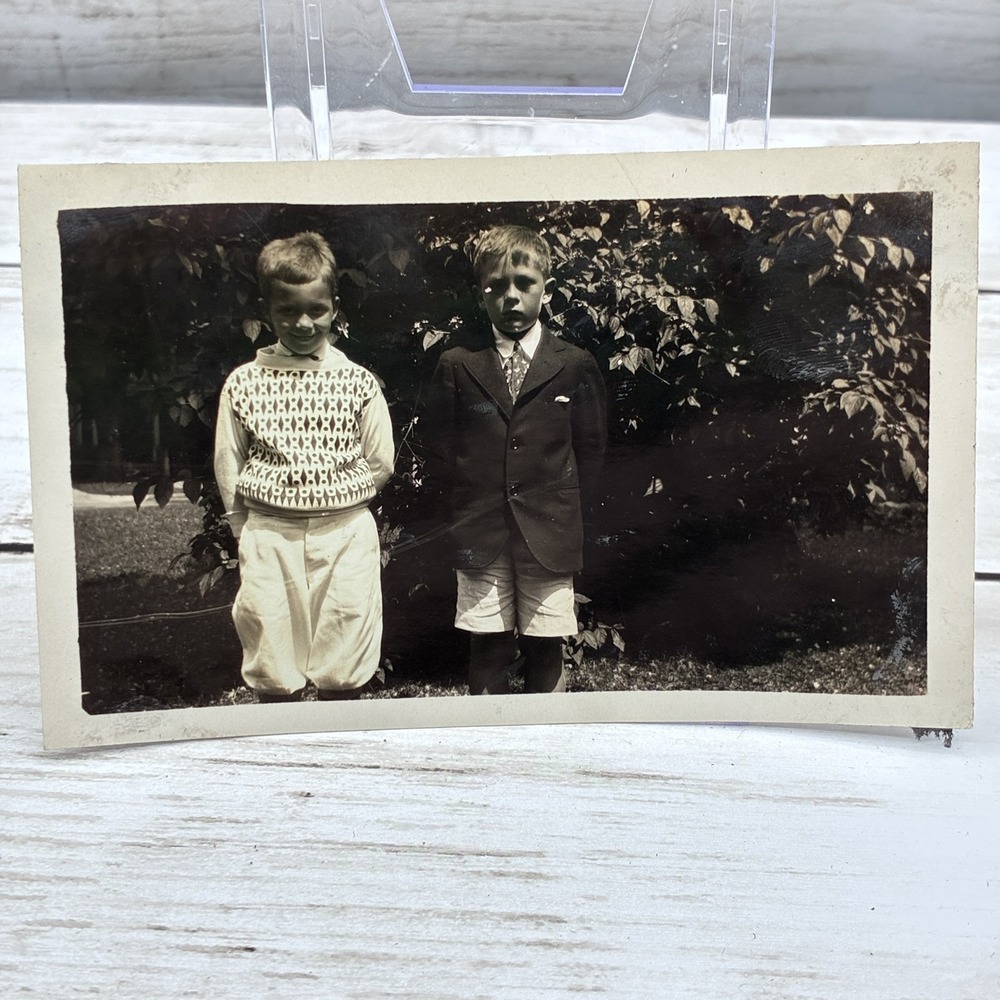 Vtg 1929 Photo Two Boys Buck & Jack in Suits Sweater Outdoor Portrait Snapshot